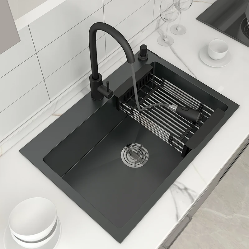 

Small Size 304 Stainless Steel Kitchen Sink Topmount Single Bowl DarkGray Basin For Kitchen Fixture With Drain Accessories