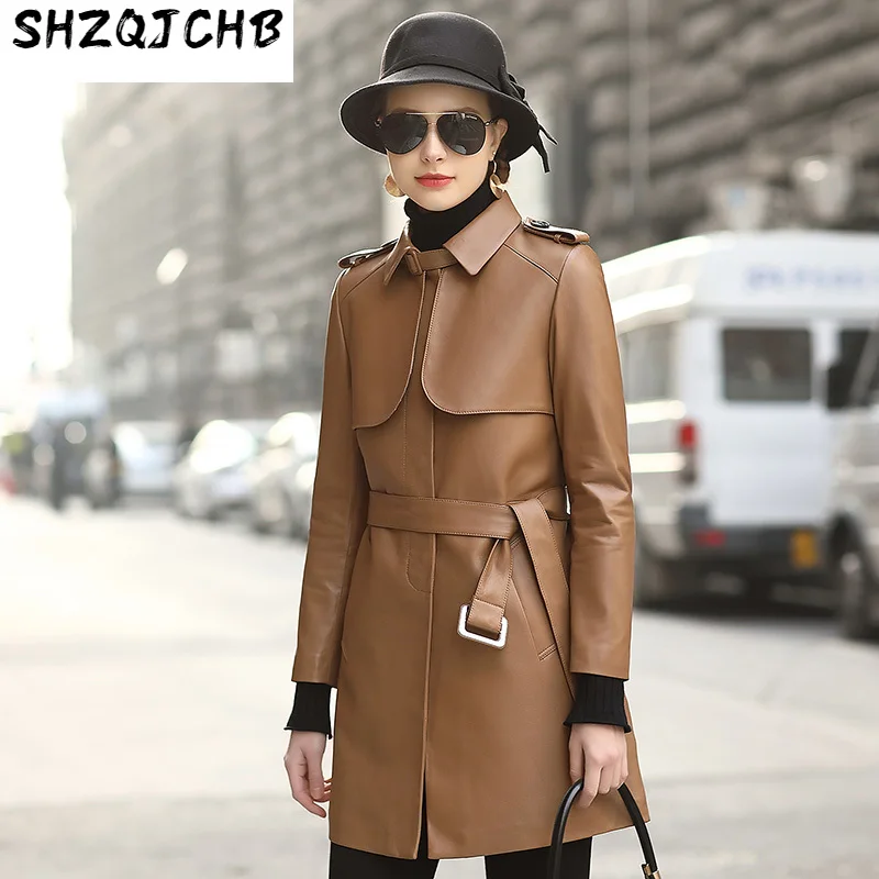 

SHZQ, Новинка весна-осень 2021, Высококачественная кожаная одежда, Женская модная тонкая ветровка средней и большой длины из овечьей кожи