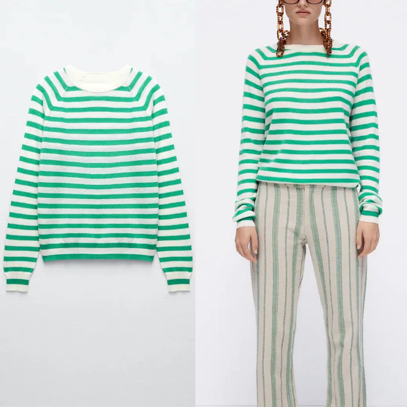 

Женский полосатый вязаный свитер Za, повседневный зеленый пуловер с длинным рукавом и круглым вырезом, зима 2021