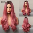 Генри MARGU эффектом деграде (переход от темного к Black Rose красный розовый парик длинные волнистые синтетические волосы парик для Для женщин средняя часть Косплэй Вечерние Повседневные туфли на высоком Температура парик