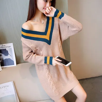 

v Collar College Wind Casual Knit Hit Color Loose Long-sleeved Fashion Women Spring and Autumn New Sweater Dress