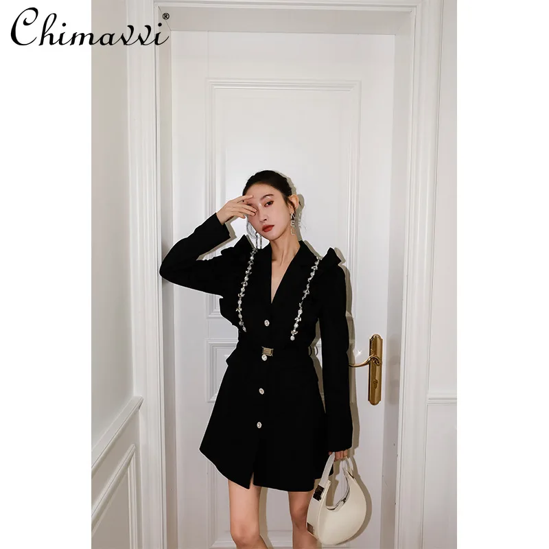 

Heavy Rhinestone Decorate V-neck Suit Dress 2021 Fall Women's Clothing High-End High Waist Black Dress Elegant Long Sleeve Dress