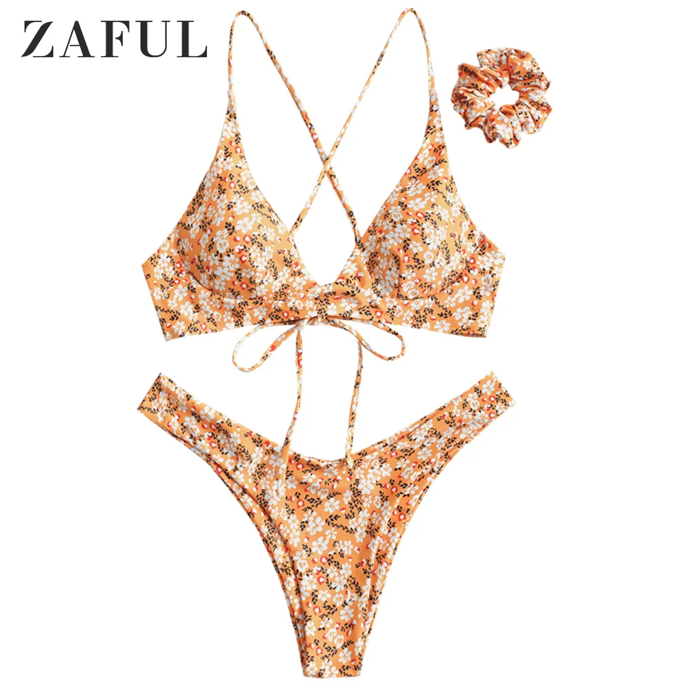

ZAFUL Sexy Swimwear Ditsy Print Criss Cross Swimsuit Bikini Set Female Bathing Suits Padded Women Bohemia Brazilian Biquinis