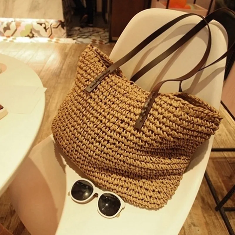 

Beige Tote Bag 2021 Summer Woven Handbag Travel Shoulder Underarm Bags Vintage Vacation Casual Bags Straw Beach Bag