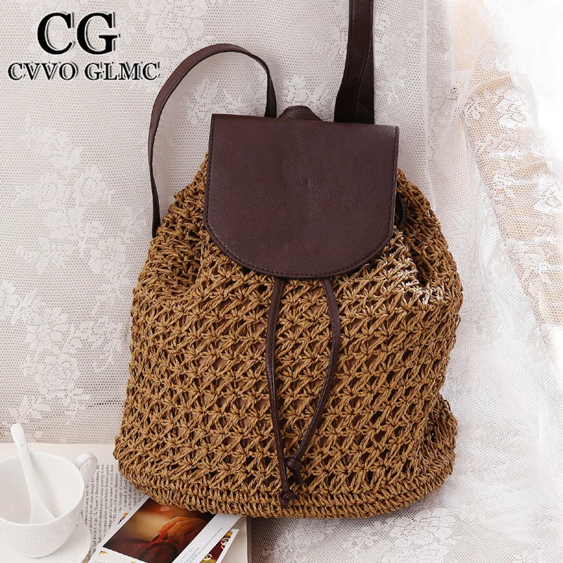 

Cvvo Glmc casual straw backpacks for women wicker woven school bag for teenager girls rattan summer beach big back packs 2021