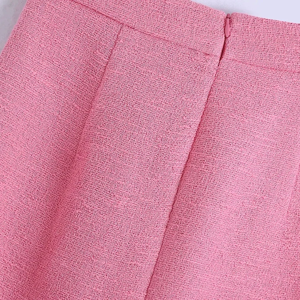 

Women Fashion Tweed Casual Pink Skirt 2021 Summer New Solid Single Breasted Pockets High Waist Bodycon Skirts Outwear Lady