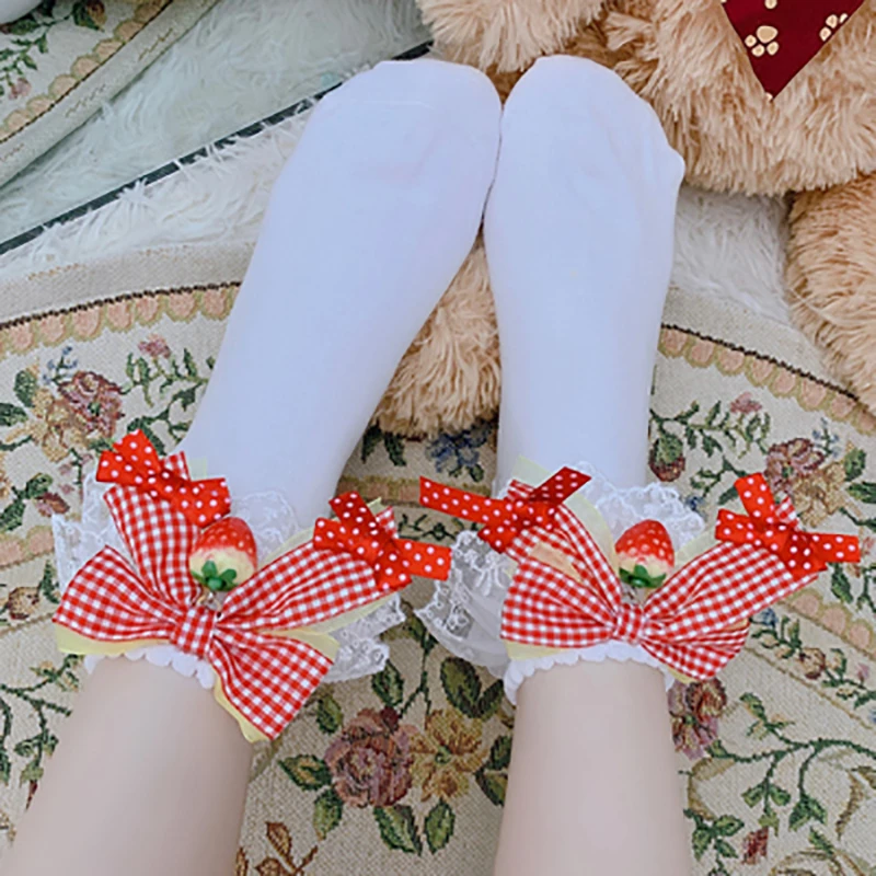 

Cosplay Kawaii Japanese Women Lolita Sock Strawberry Lace White Cotton Bowknot Hollween Cos Loli Girls Stocking Gift