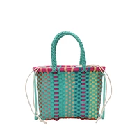 new weave shopping bag green summer beach bags shouder handbag striped knitted shop totes knitting basket bags home storage bag