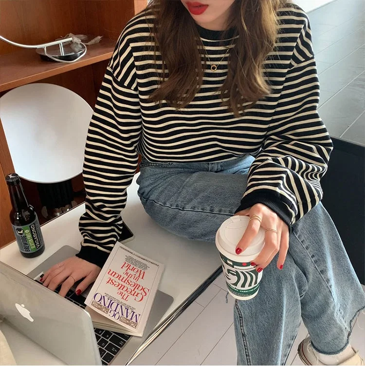 

2 colors 2020 autumn korean style o neck stripe long-sleeve pullovers loose thick warm sweatshirt womens (X1657)