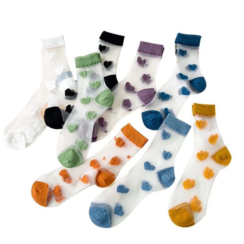 

1Pair Silk Woman Socks Heart Love Summer New Ladies Lace Transparent Ultra-thin Mesh Colorful Nylon Sheer Socks