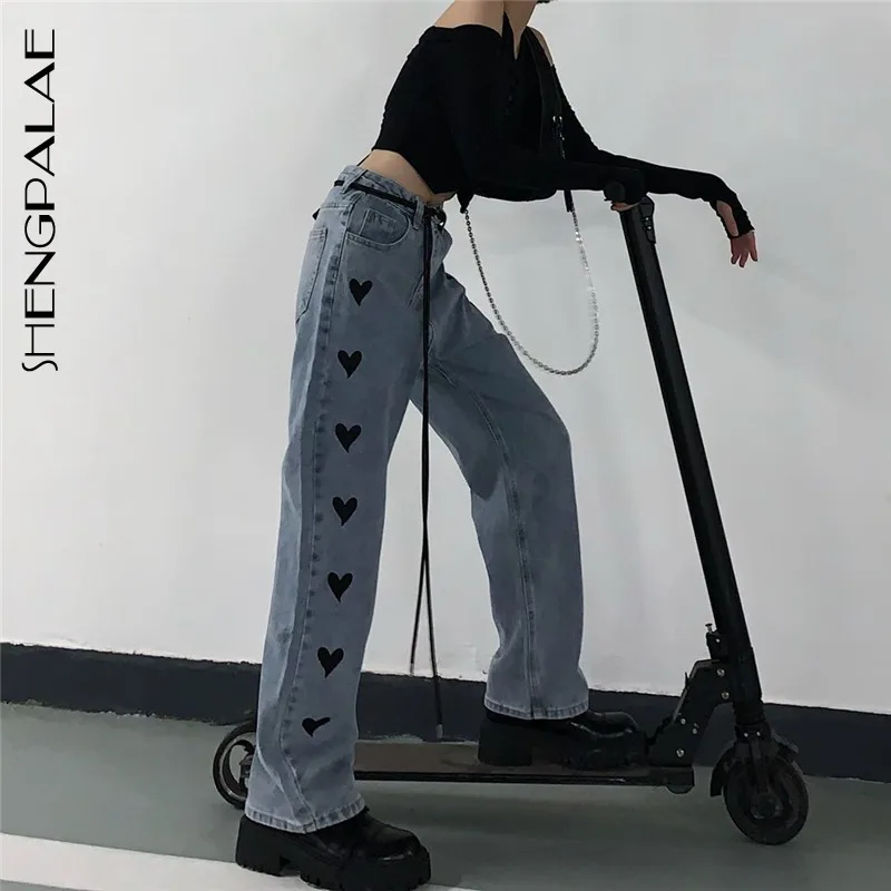 SHENGPALAE осень 2021 новые женские джинсы корейский Ретро дизайн любовь узор высокая