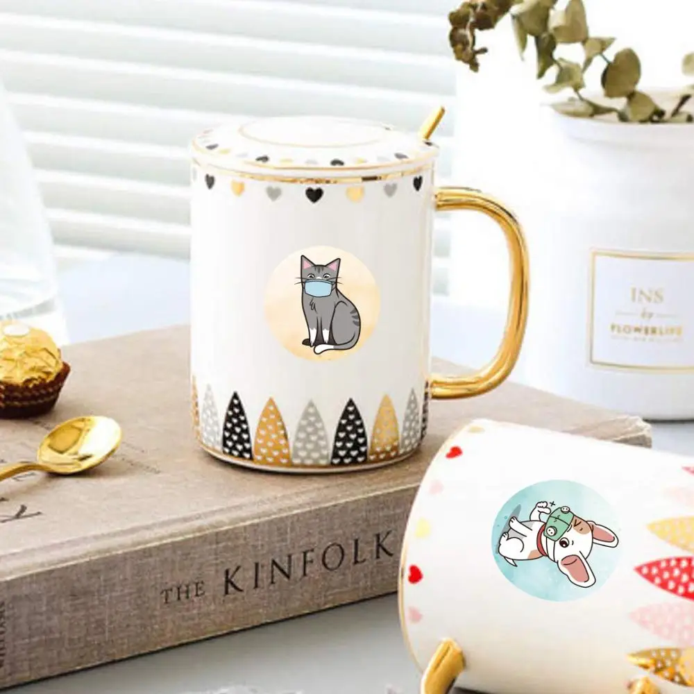 

500pcs 1 " Aniaml with Mask Stickers Cat Monkey Pig Turtle Dog Circle Label Cup Decor Kindergarten Teacher Kids