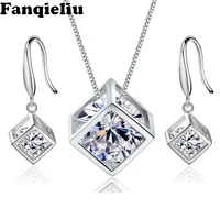 fanqieliu womens jewelry sets necklace earrings set for women real 925 sterling silver square crystal drop earrings female
