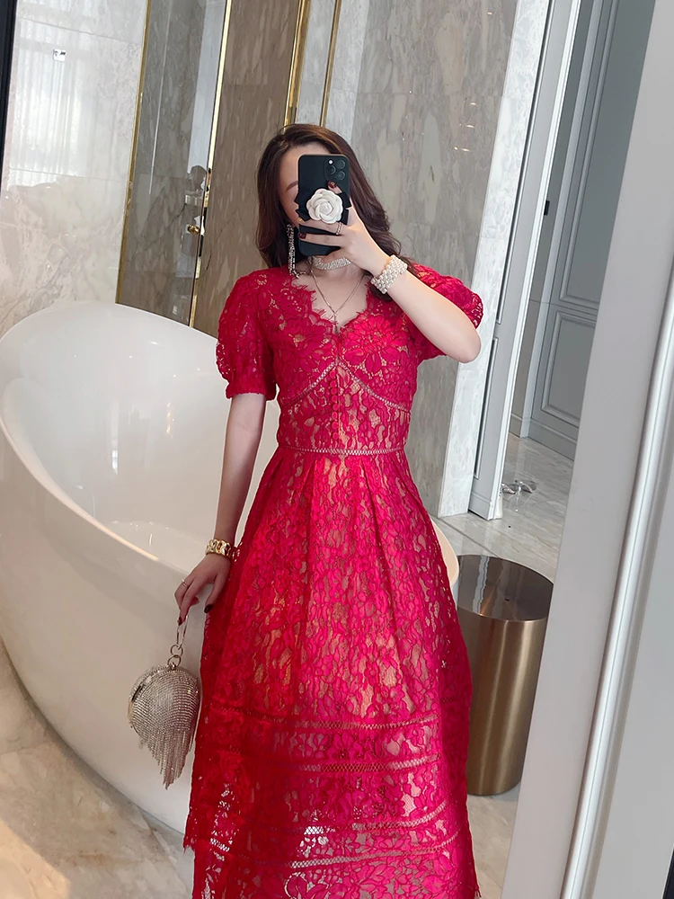 

Summer Clothing New Women's Clothing Retro Classic Eyelash Lace V-neck High Waist Slim Long Large Hem Dress