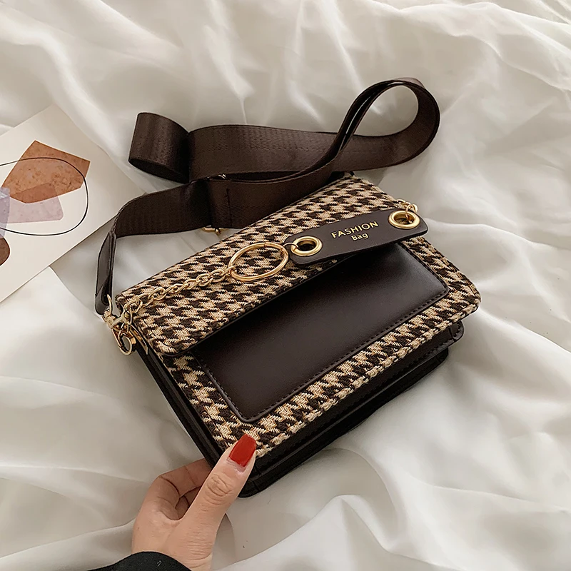

Houndstooth Pattern PU Leather Flap Crossbody Shoulder Bags for Women 2022 Winter Hit Luxury Female Designer Handbags and Purses