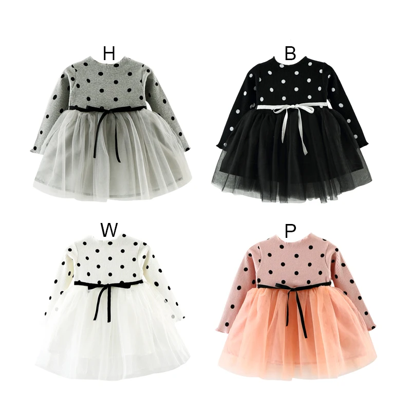 

Autumn Winter Polka Dot Stitching Yarn Costume Princess Dress Girls Long Sleeve Cute Belt Warm Sweater