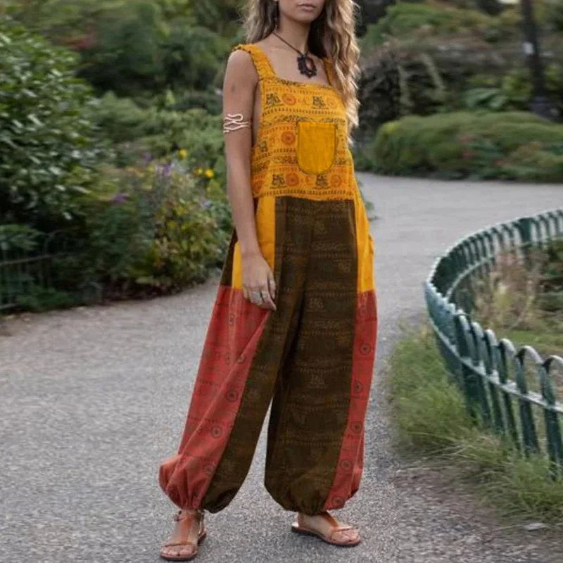 

Sexy Strap Linen Cotton Sleeveless Romper Summer Casual Backless Wide Leg Pant Playsuit Retro Patchwork Print Women Jumpsuit 3XL