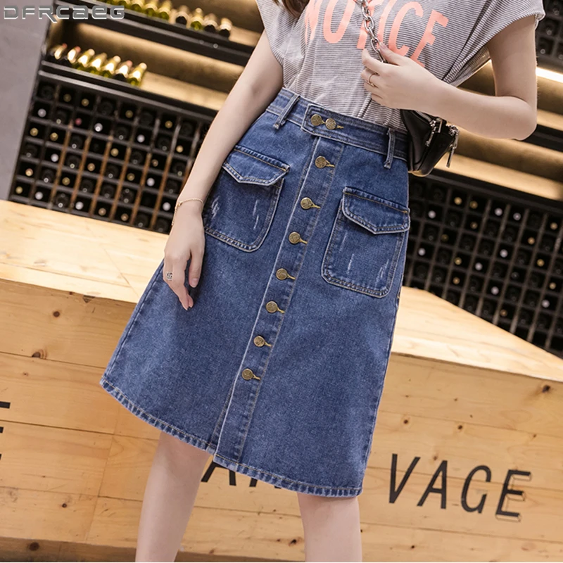 

Casual Streetwear Plus Size Denim Skirt Women Summer A-line High Waist Saia Midi Single Button Scratched Ripped Jeans Jupe Femme