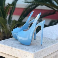 elegant blue patent leather open toe pumps hidden platform slingback shoes stiletto heel cut out plus size party dress shoes
