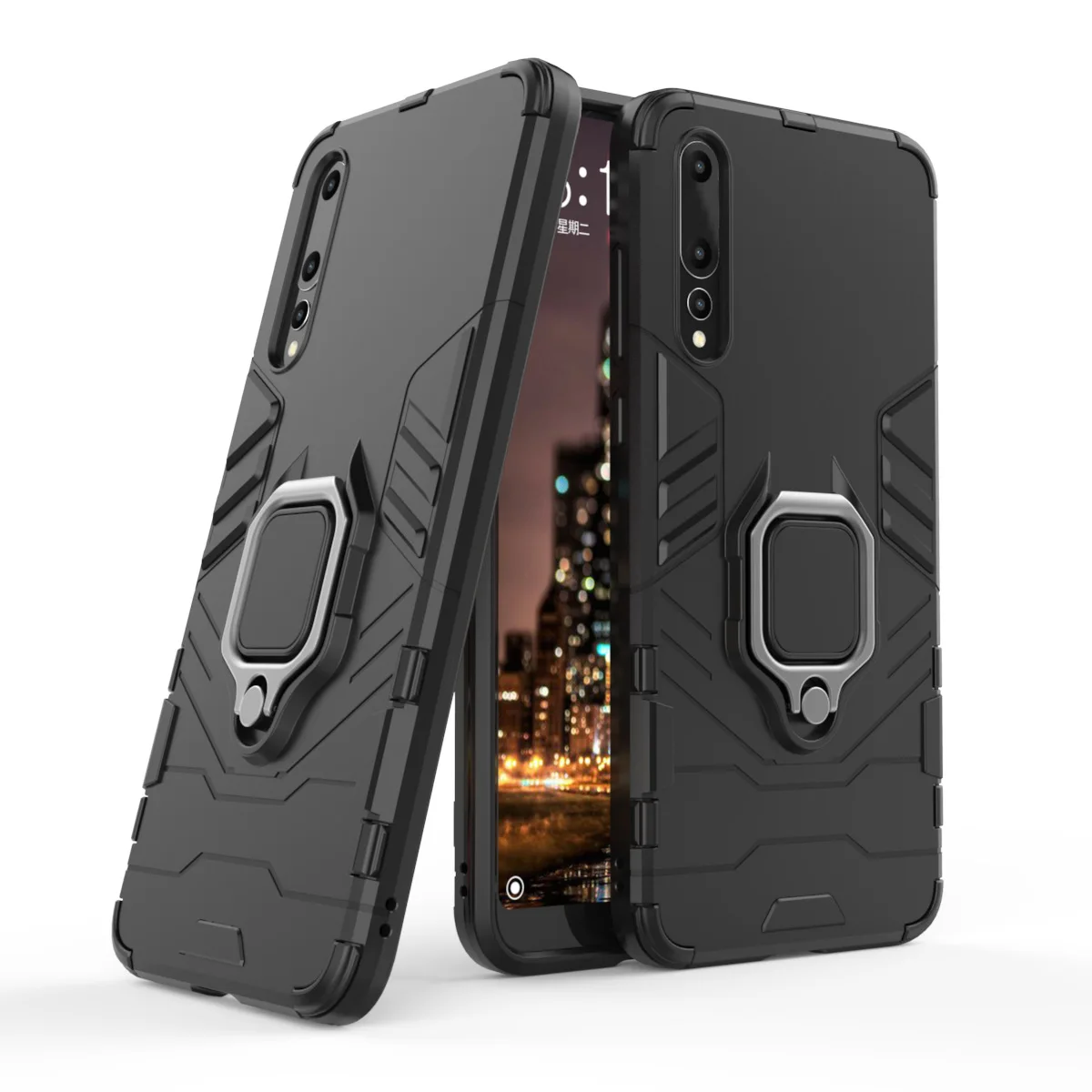 

Armor Shockproof Ring Holder Case For Huawei P20 P20 Pro Hard PC Soft TPU Hybrid Rugged Back Cover