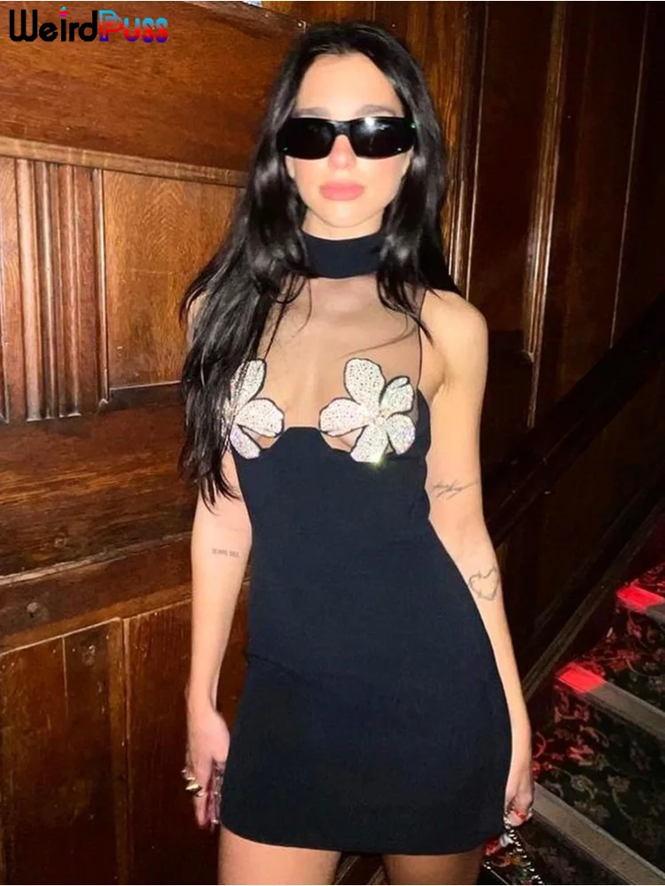 

Weird Puss Mesh Flowers Patchwork Sexy Dress Women Sleeveless Zipper Stretch Skinny See Through Bodycon Party Clubwear Outfits