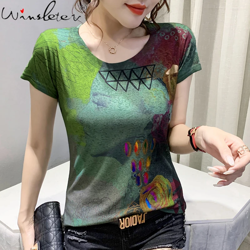 

Summer European Clothes T-Shirt Print Female Gold Blocking Chic Women Tops Short Sleeve Bottoming Shirt Casual Tees 2021 T14614A