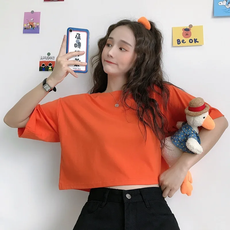 Футболка женская с круглым вырезом Модный повседневный свободный кроп топ