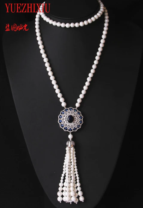 Luxury fine jewelry Sapphire Long Natural pearl Necklace Women's Winter Engagement Jewelry Pendant Sweater Chain