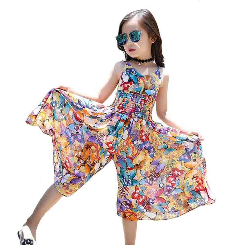 

2017 Bohemian Style Children's Dresses Girl Summer Floral Wide Leg Pants Jumpsuit Girls Personality Dress Crianca Vestidos B0660