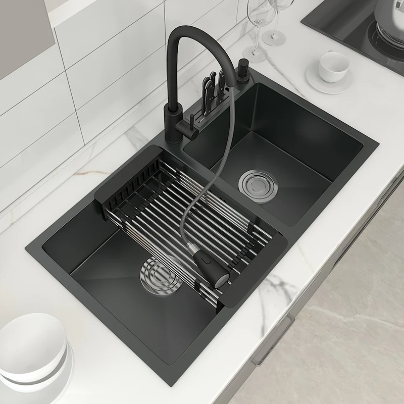 

Двойная задняя раковина с держателем для ножа из нержавеющей стали 304, темно-серая раковина с задним фонарем над счетчиком