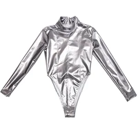 sexy women faux leather latex high cut bodysuit long sleeve pu shiny sexy tight one piece thong bodystocking catsuit leotard f50