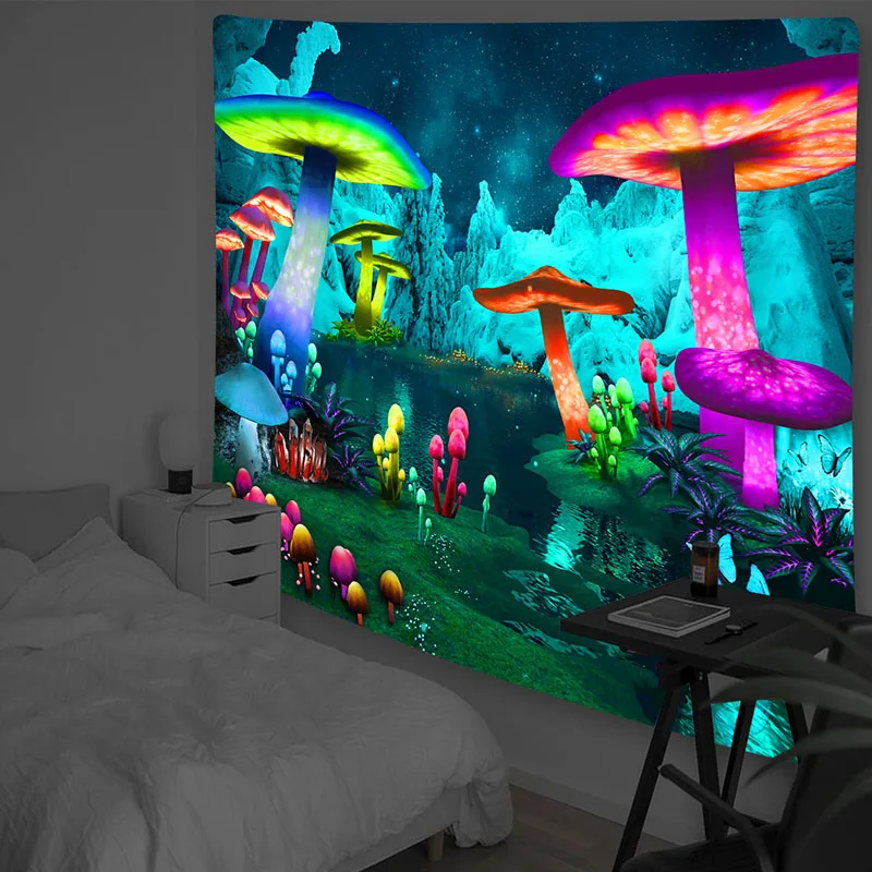 

Fluorescent Trippy Mushroom Tapestry Wall Hanging Boho Decor Background Cloth Tapestries Psychedelic Hippie Tapestry Wall Carpet