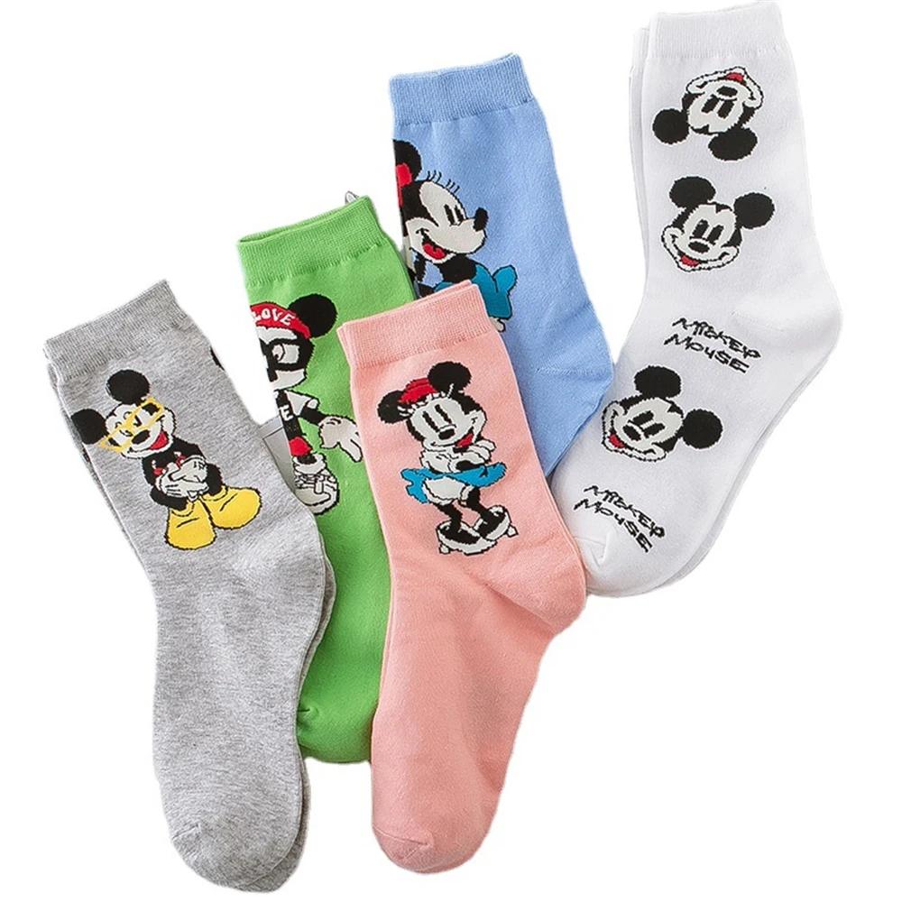 5 Pairs Disney Cartoon Mickey Minnie Mouse Mid-Length Socks Girls Socks Favorite Character Women Socks