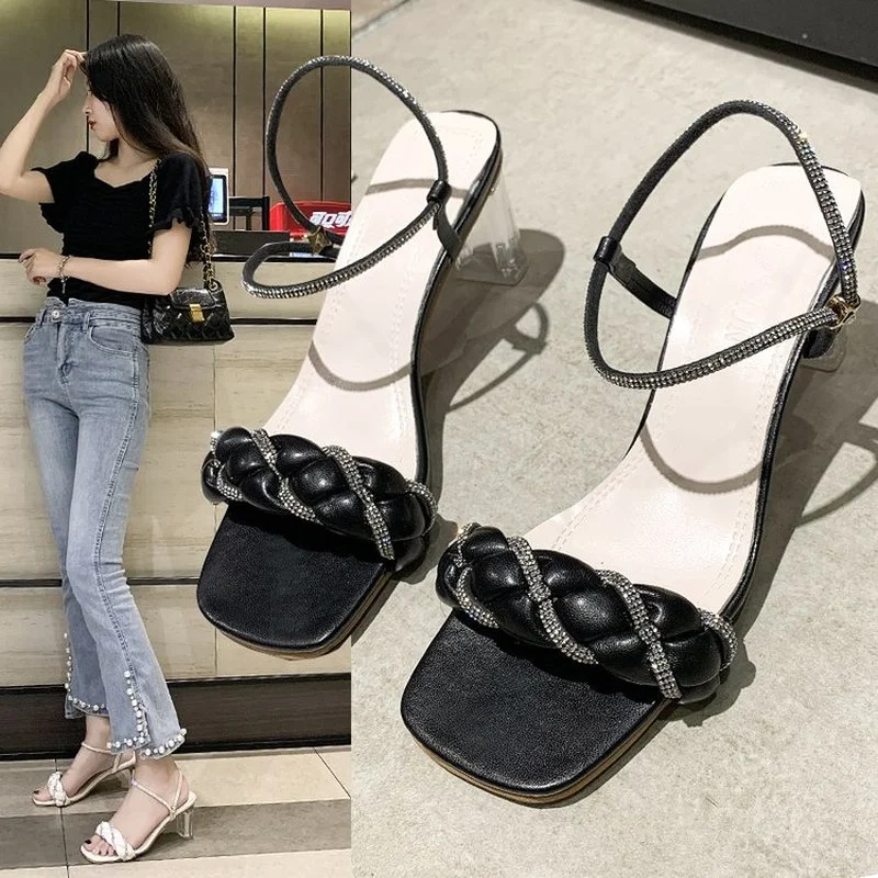 

Sandals women's new high-heeled women's sandals one word buckle rhinestone thick with fish mouth women's shoes