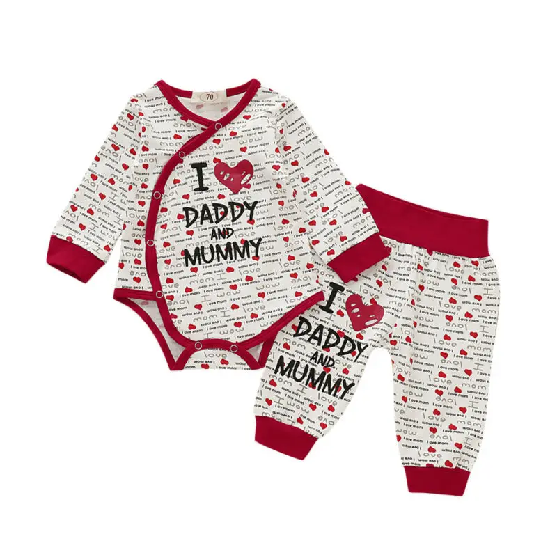 Newborn Infant Baby Girl Boy Clothes Long Sleeve I love Daddy Mommy Tops Romper Leggings Pants Outfits Cotton 2Pcs Set Autumn | Детская