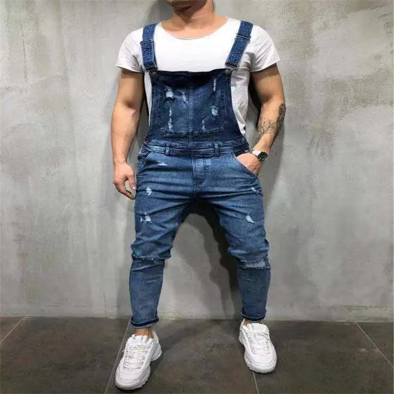 Men's Pants Large Size Overalls With Holes Micro-Elastic Blue And Black Fit Casual Fashion Fit Tight Midwaist Jeans