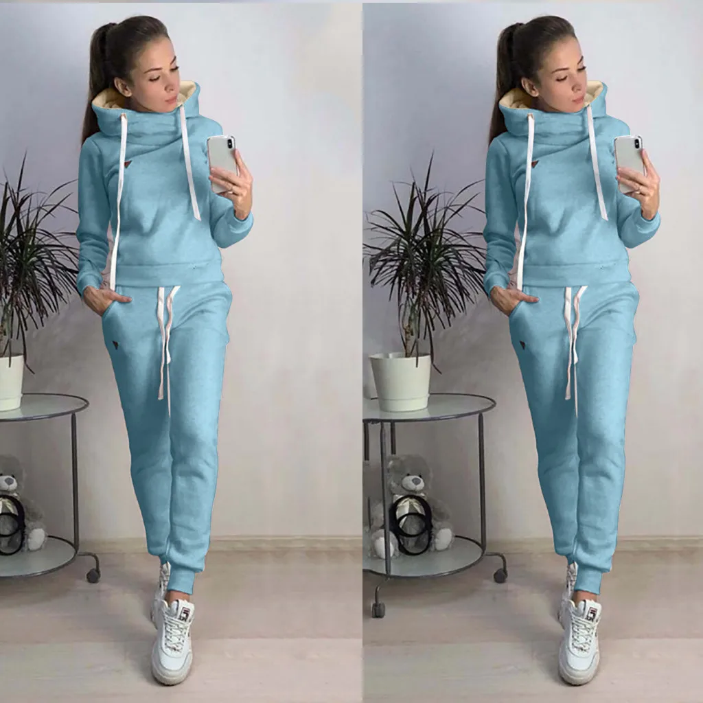 Спортивный костюм женская спортивная одежда женский костюм модный Женский Повседневный однотонный спортивный топ с капюшоном и длинным рукавом+ комплект длинных брюк# g4