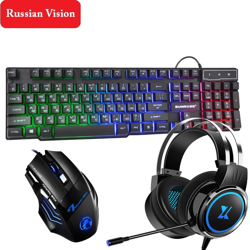 

3 in 1 Russian/English Layout RGB Backlit Keyboard with 104 Keycaps 2400DPI Wired Mice and Headset with Microphone Gaming Combos