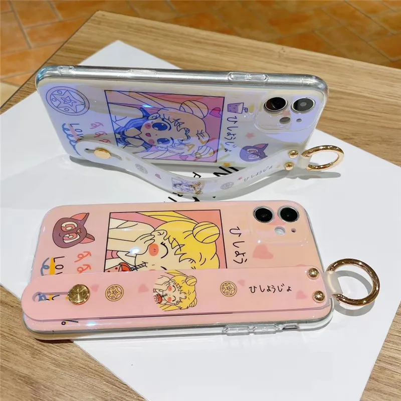 

Japan Anime Cartoon Sailor Moon Luna Cat soft phone case for iphone 11 Pro Max 12 MiNi X XS XR 7 8 plus SE Wrist bracket cover