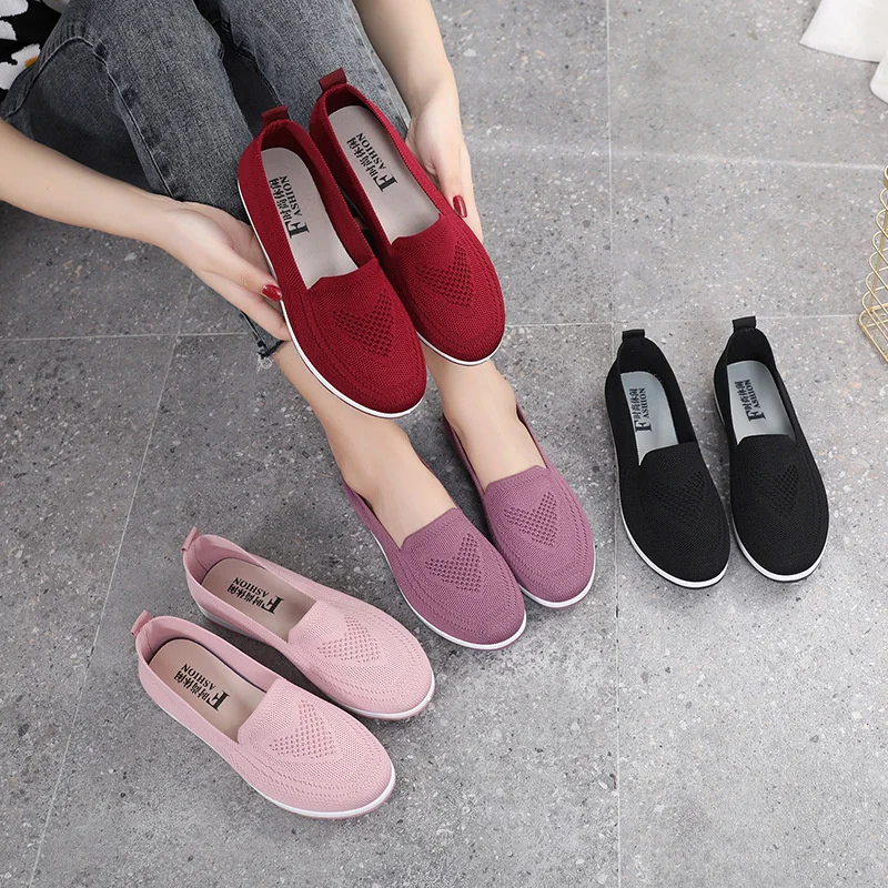 

Mother shoes, women's knitted fabric loafers, spring and summer casual sports shoes, flat shoes, breathable flat shoes