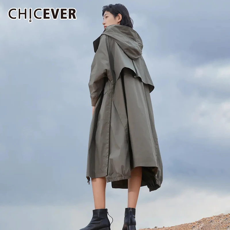 

CHICEVER, черное корейское модное пальто, женское свободное однотонное пальто с капюшоном и длинными рукавами для женщин, осенняя одежда 2021, нов...
