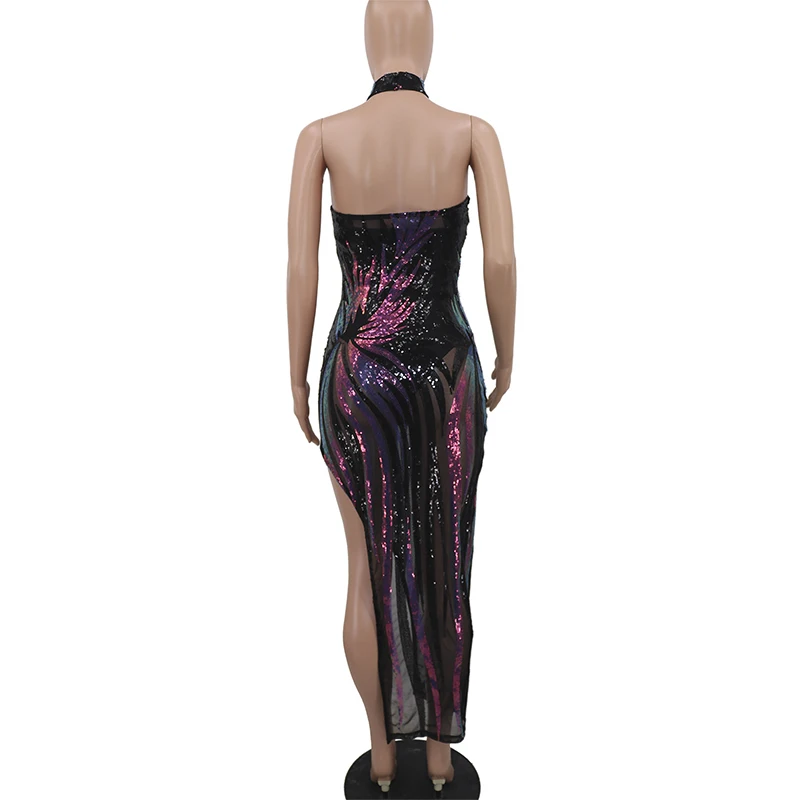 

Shiny Sequin Mesh Elegant Bandage Dress Women Off The Shoulder Backless Party Dress Vintage Halter Side Split See Through Dress