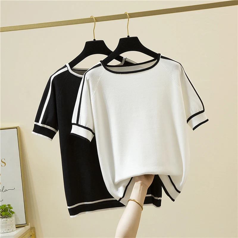 

LJSXLS Color Contrast Loose Tshirts Short Sleeve Casual Knitted Women Summer Tops Pullover Basic T-Shirt Vetement Femme 2021
