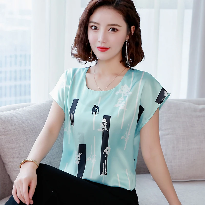 

2020 Summer Fashion Women Tops And Blouses Short Sleeve Print Ice Silk Shirts Casual Lady O-Neck Plus Size Loose Clothes Blusas