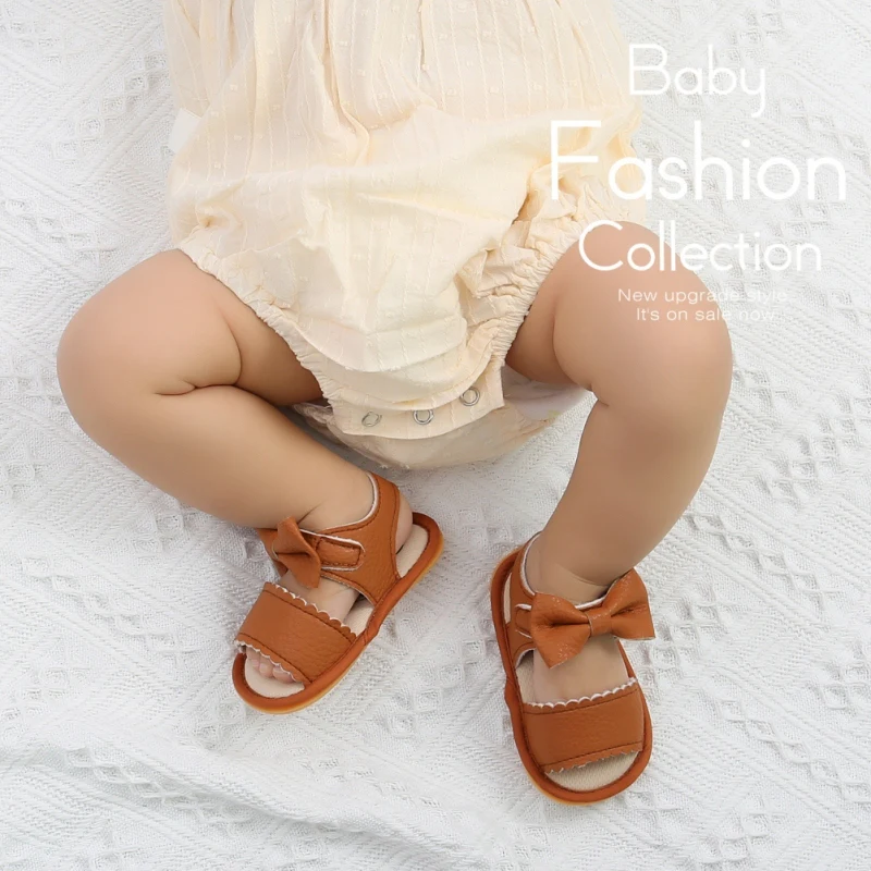 

2021 Newborn Infant Sandals Baby Girls Solid Color Bowknot PU Non-slip Rubber Shoes for 0-18M Soft First Walkers Shoes