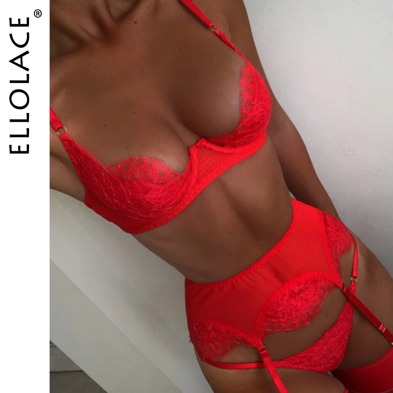 

Ellolace Lingerie Underwear Set Sexy Lace Push Up Bra Underwire Female Erotic Brief Sets Garters and Thongs Intimate Outfit