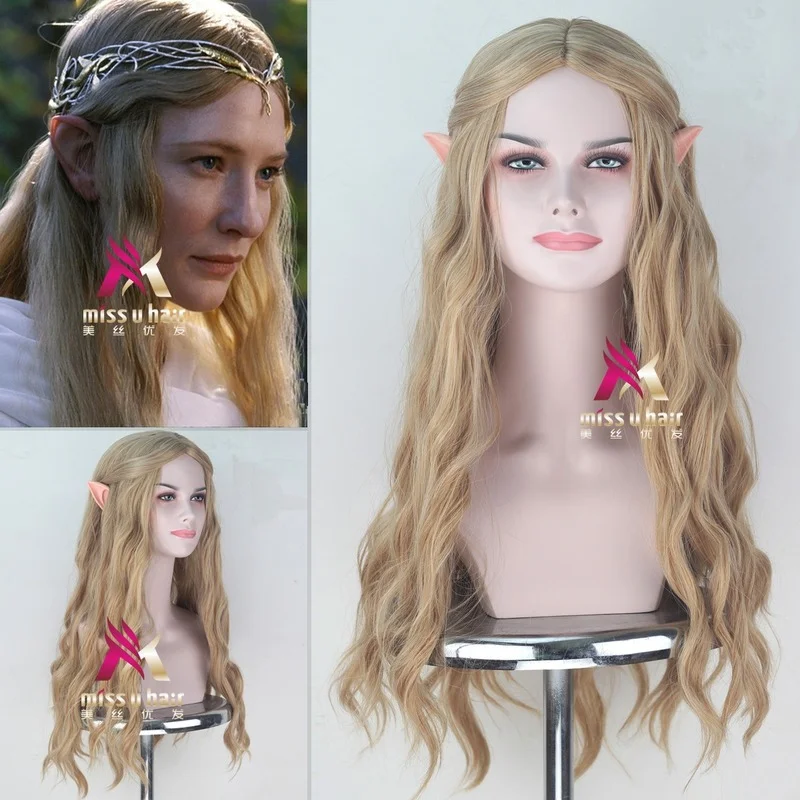 

Elf Pointy Ears+70cm The Hobbit Galadriel Wig Women Role Play Long Blonde Wavy Hair Elf Queen Cate Blanchett Fancy Wig + Wig Cap