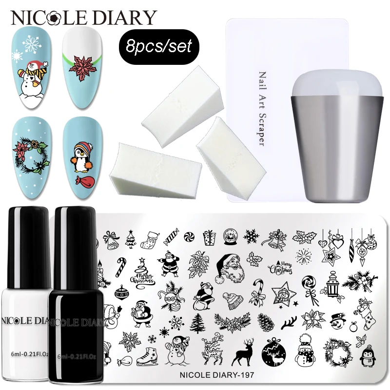 Стемпинг ногтей покрытие NICOLE DIARY черно белая губка со штампом новый стартовый