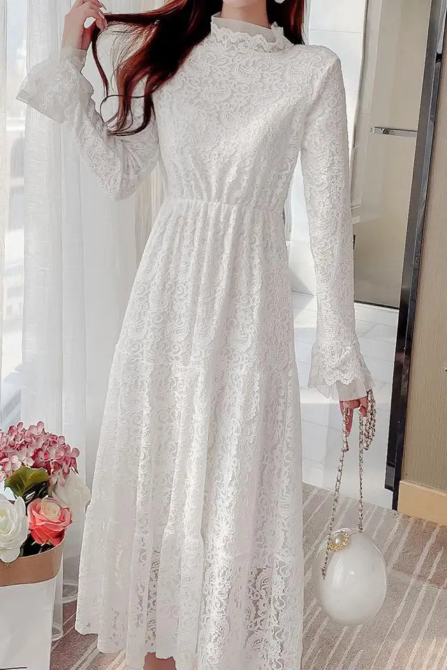 

COIGARSAM French Style Full Sleeve Women dress New Spring Lace Dresses White Apricot 8009