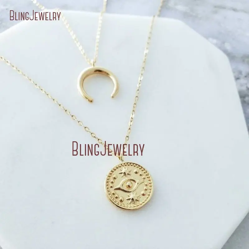 

NM35119 Crescent Moon Double Horn Tusk Charm Evil Eye Gold Filled Necklace Dainty Everyday Layered Layering Necklace